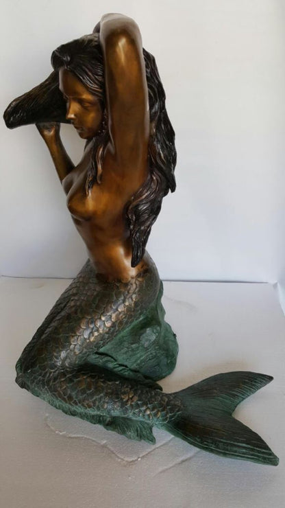 Mermaid Fountain Bronze Sculpture Nude Art Figurine Statue 26"x18"x36"H