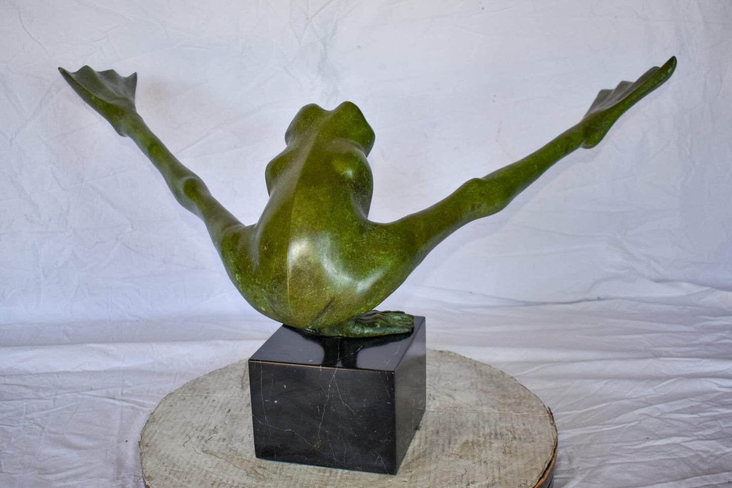 Acrobatic Frog Green Patina Bronze Statue Mounted on A Marble  43" x 26" x 20"H