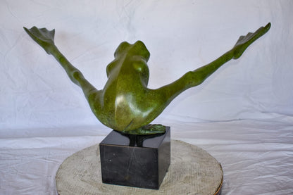 Acrobatic Frog Green Patina Bronze Statue Mounted on A Marble  43" x 26" x 20"H