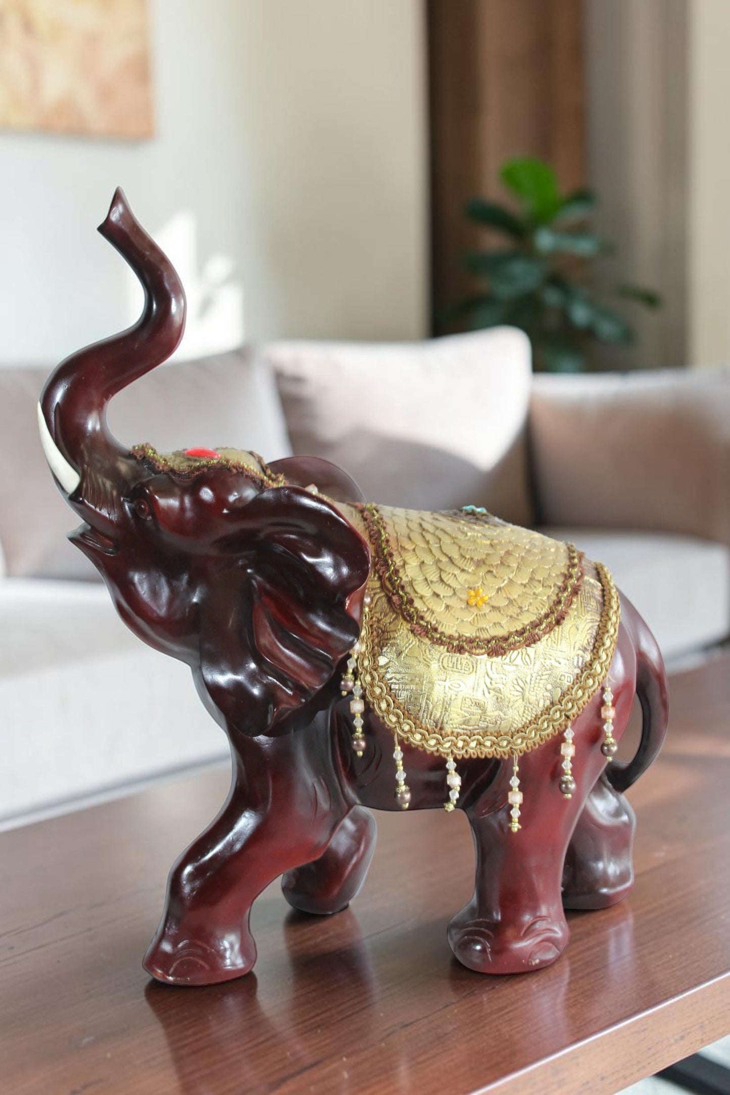 Nifao Resin Elephant Statue with Gold Saddle and Raised Trunk - Regal Lucky Elephant Home Decor - 19" x 10" x 22"H