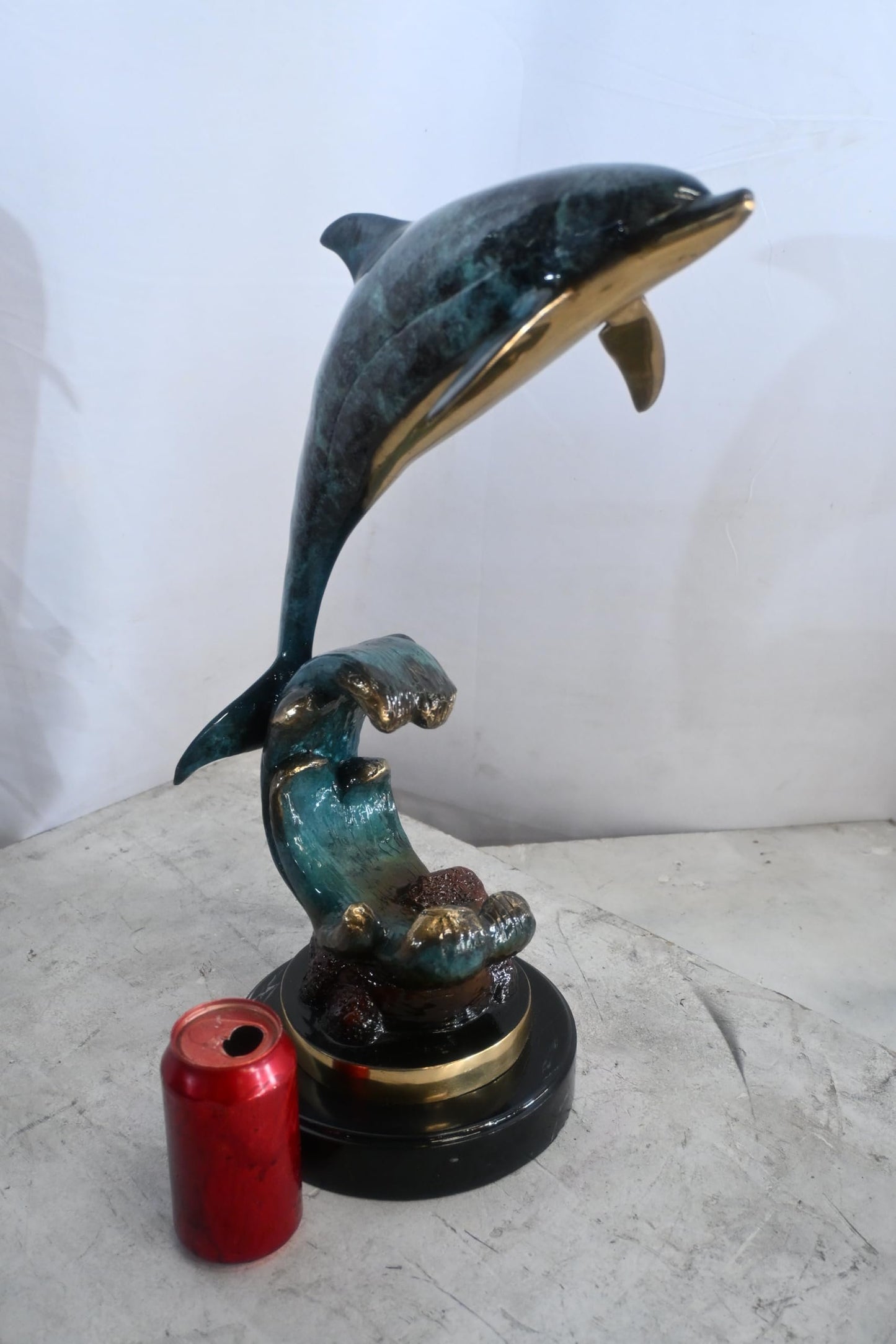 Single Dolphin Bronze Sculpture Leaping Wave Base 13"x8"x21"H