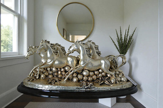 Charging horses resin statue on wood base - Size: 17"L x 10"W x 5"H.