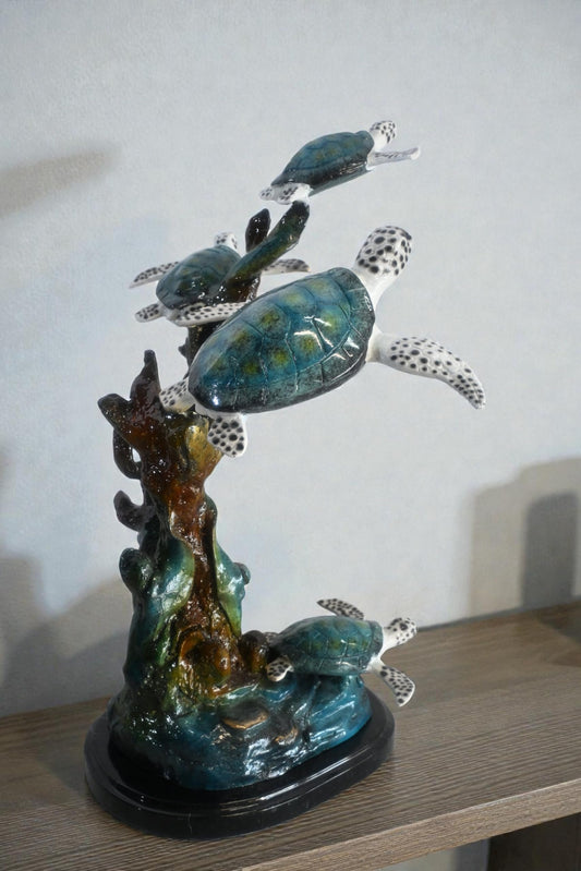 Four Sea Turtles Bronze Sculpture Coral Branch Scene 18"x11"x24"H