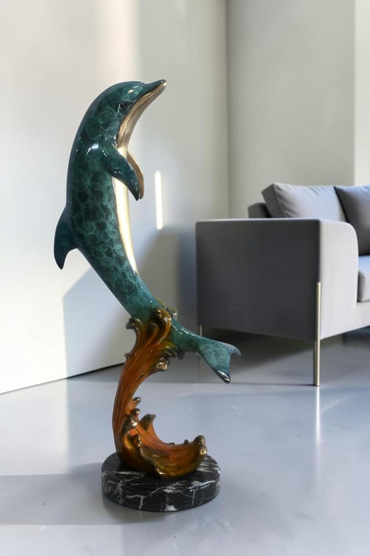 Bronze Leaping Dolphin Sculpture on Wave Base 25"x24"x40"H