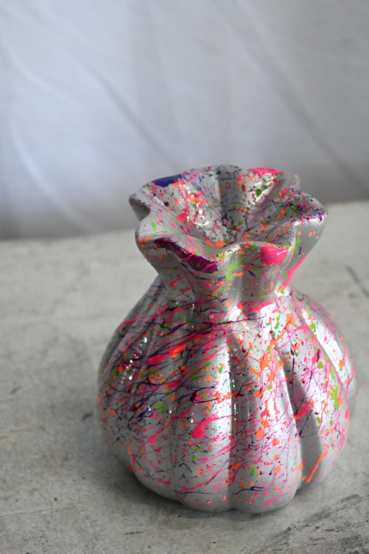NIFAO Money Bag Vase Ceramic Sculpture Neon Splatter Andres Mendez 4"x5"x6"H