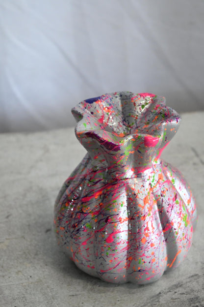 NIFAO Money Bag Vase Ceramic Sculpture Neon Splatter Andres Mendez 4"x5"x6"H
