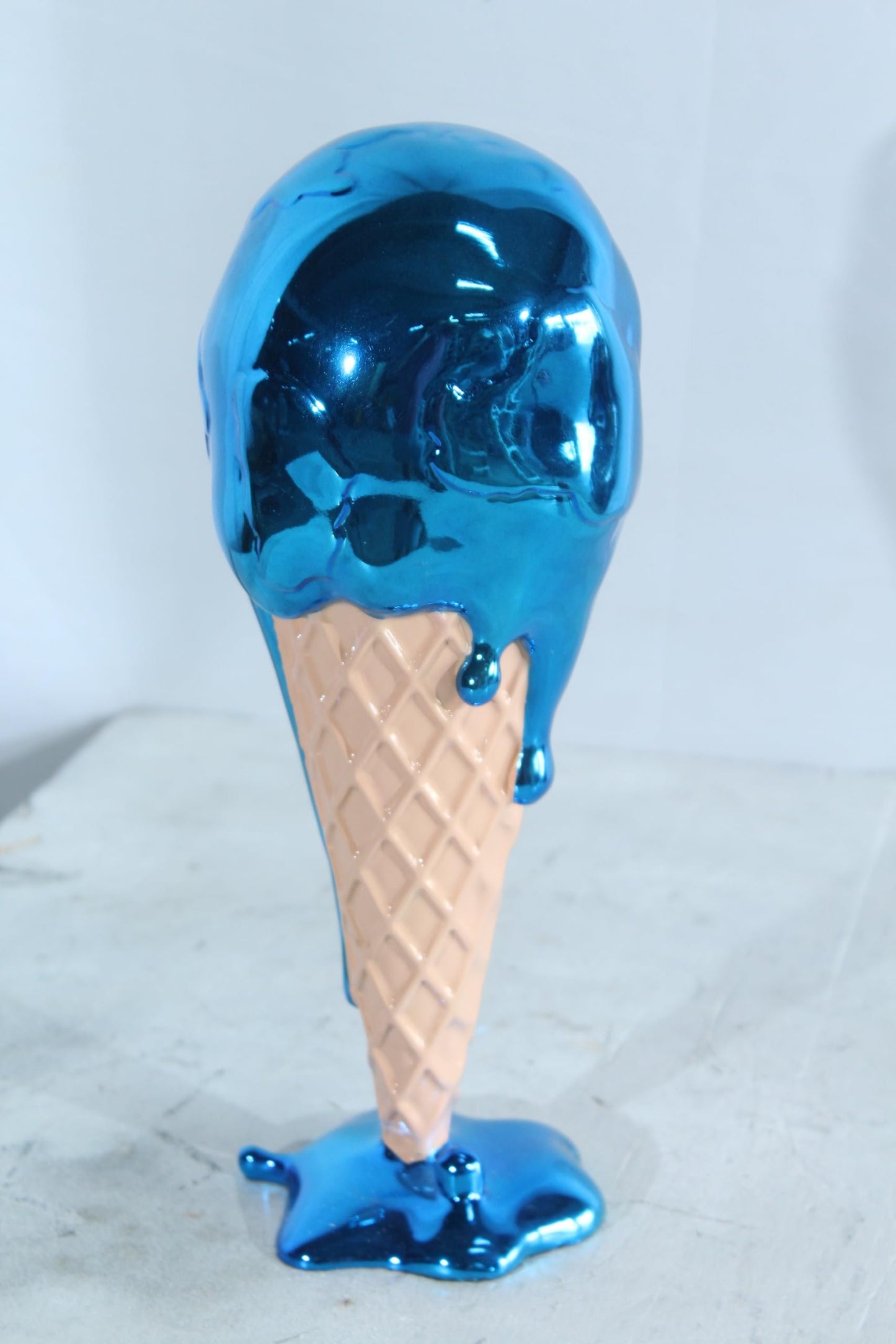 NIFAO Resin Ice Cream Cone Statue Blue Dripping Pop Art Style Decor 5" x 5" x 14"H