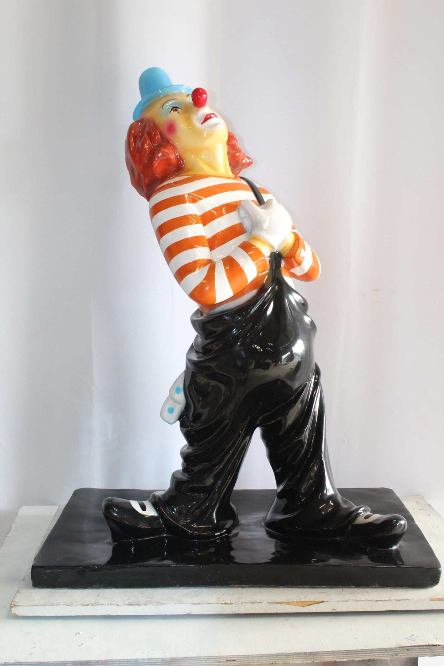 Colorful Fiberglass Clown Fiberglass Statue, Striped Shirt 27" x 17" x 39"H