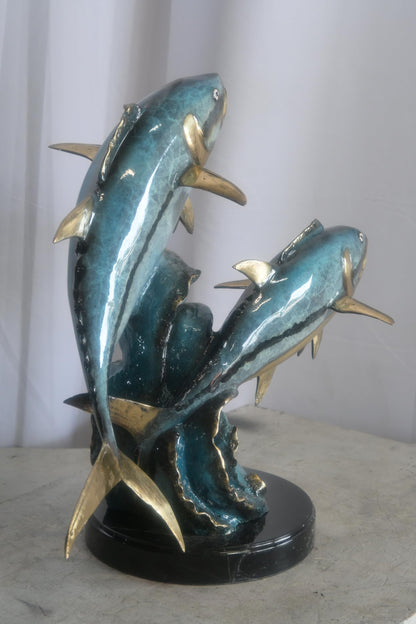 Bronze Dual Tuna Fish Sculpture on Marble Base 24"x16"x21"H
