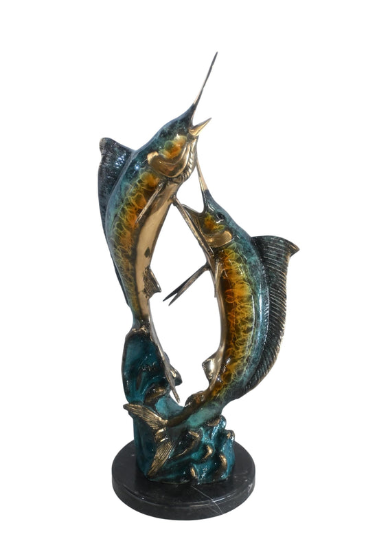 Two Marlin Bronze Sculpture Ocean Wave Game Fish 9"x9"x23"H