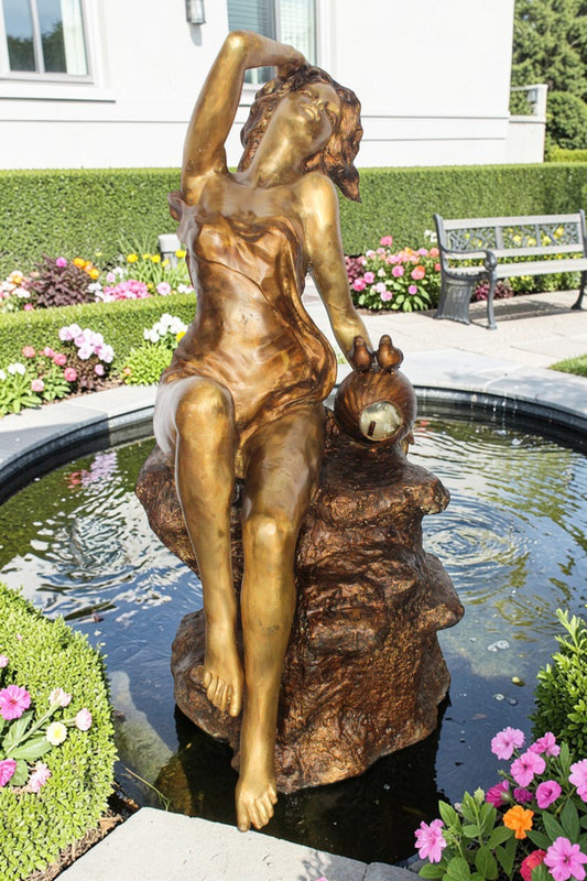 Bronze Outdoor Fountain of a Woman Relaxing on Rocks 49" x 39" x 50"H