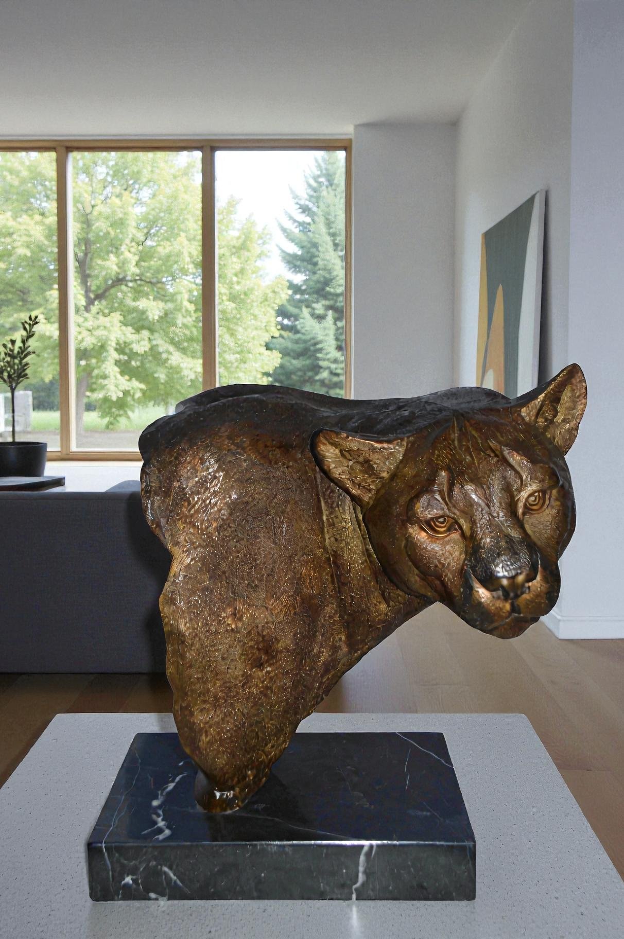 Mountain Lion Head bronze statue on a marble base - Size: 18"L x 15"W x 21"H.