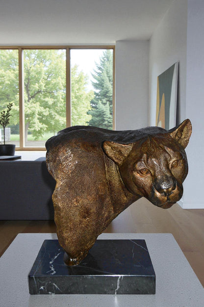 Mountain Lion Head bronze statue on a marble base - Size: 18"L x 15"W x 21"H.
