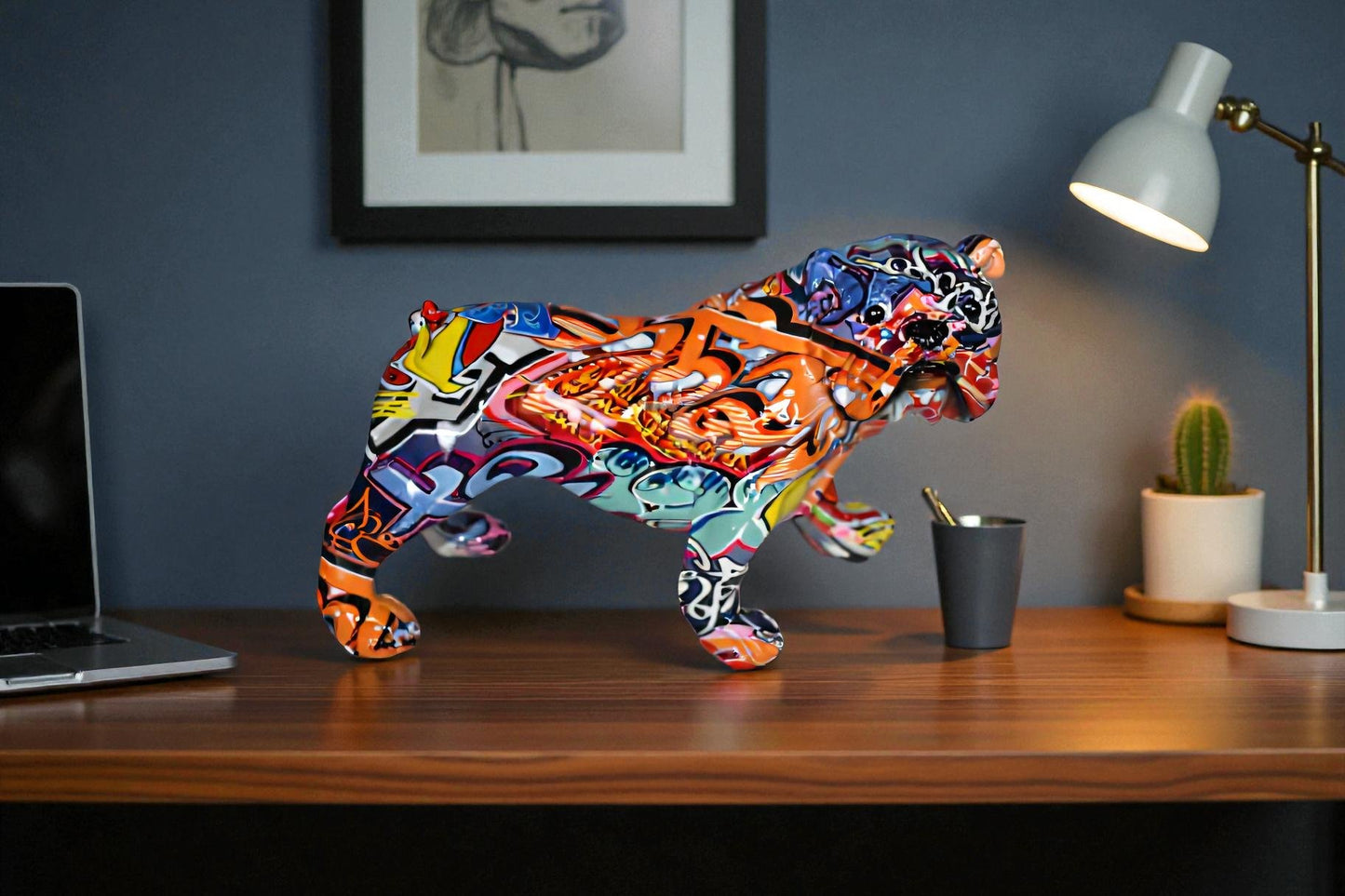 Modern Happy Graffiti Resin Bulldog Statue Looking to the Right  10" x 5" x 7"H