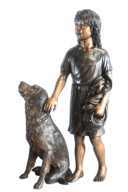 Bronze Girl with Dog Statue Standing Child and Pet Sculpture 23"x13"x39"H