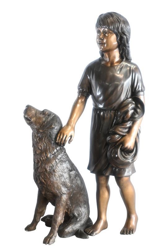 Bronze Girl with Dog Statue Standing Child and Pet Sculpture 23"x13"x39"H
