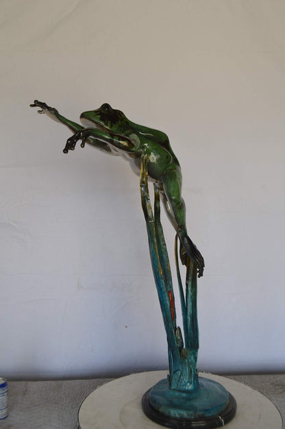 Large Frog Jumping Forward Bronze Statue on Marble -  Size: 25"L x 15"W x 36"H.