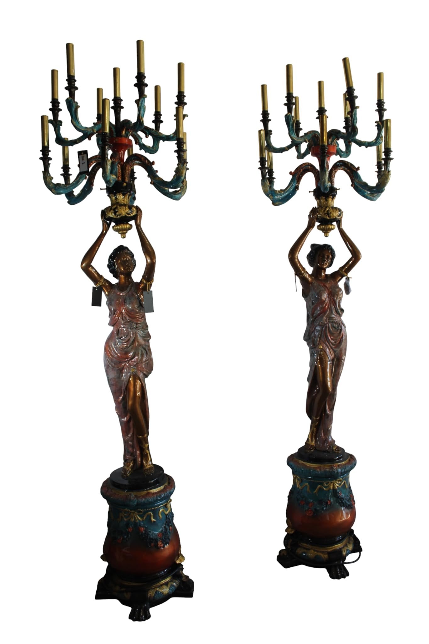 NIFAO Pair Giant Bronze Lady Candelabra Chandeliers Floor Lamps 30"x30"x100"H