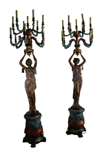NIFAO Pair Giant Bronze Lady Candelabra Chandeliers Floor Lamps 30"x30"x100"H