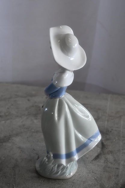 Porcelain Girl Carrying Flower Basket Blue Jacket Statue 6"x5"x12"H