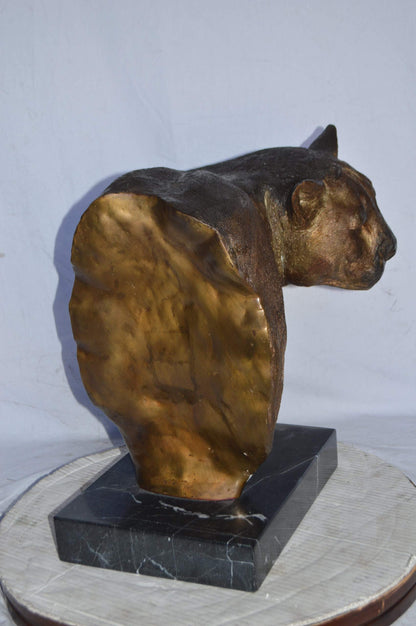 Mountain Lion Head bronze statue on a marble base - Size: 18"L x 15"W x 21"H.