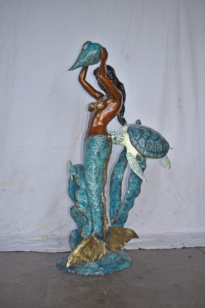 Mermaid Holding a Shell Fountain W Turtle Bronze Statue - Size: 32" x 19" x 60"H