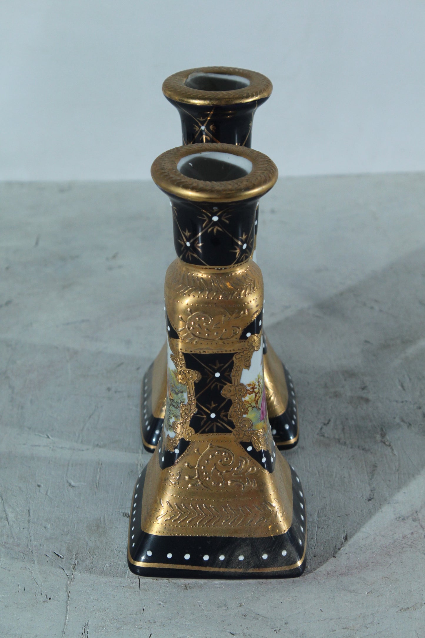 Porcelain Pair Candlestick Holders Black Gold Courting Scene 8"x4"x9"H