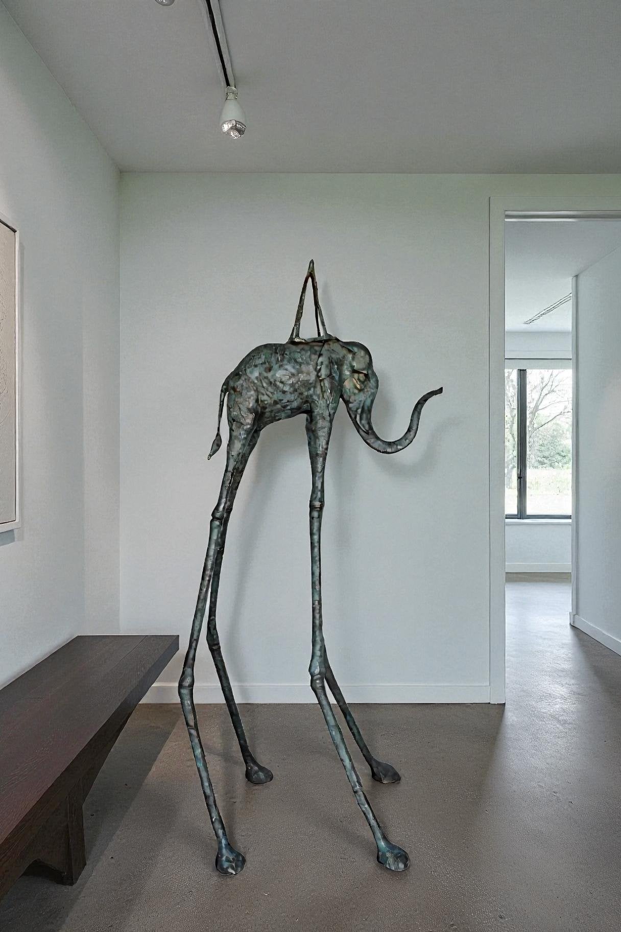 Modern Art Green Patina Tall Elephant Bronze Statue - Size: 26"L x 27"W x 67"H.