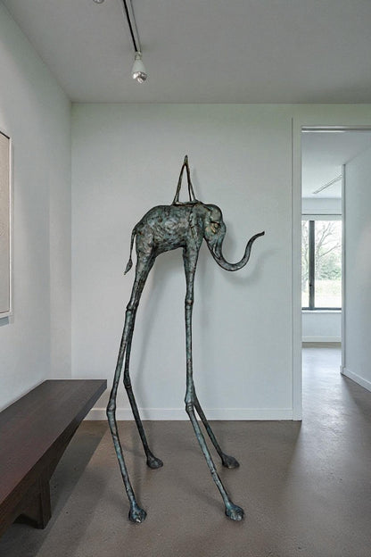 Modern Art Green Patina Tall Elephant Bronze Statue - Size: 26"L x 27"W x 67"H.