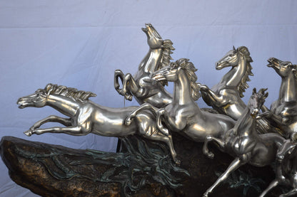 Eight Horses Running Bronze Statue Silver Finish -  Size: 59"L x 20"W x 28"H.