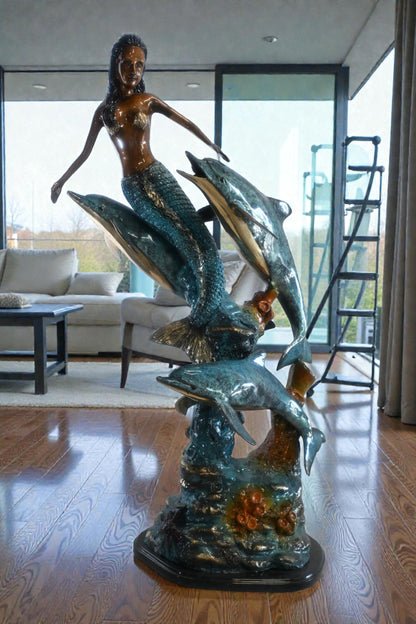 Bronze Mermaid with Dolphins on Coral Reef Sculpture 25"x16"x43"H