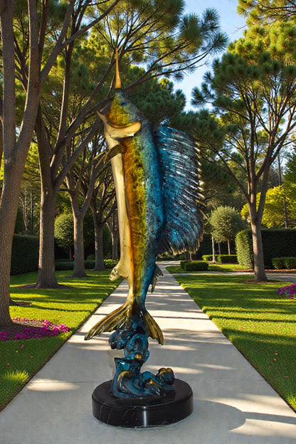 Upright Fierce Marlin Jumping Off the Water Bronze Statue  Size: 12" x 8" x 30"H