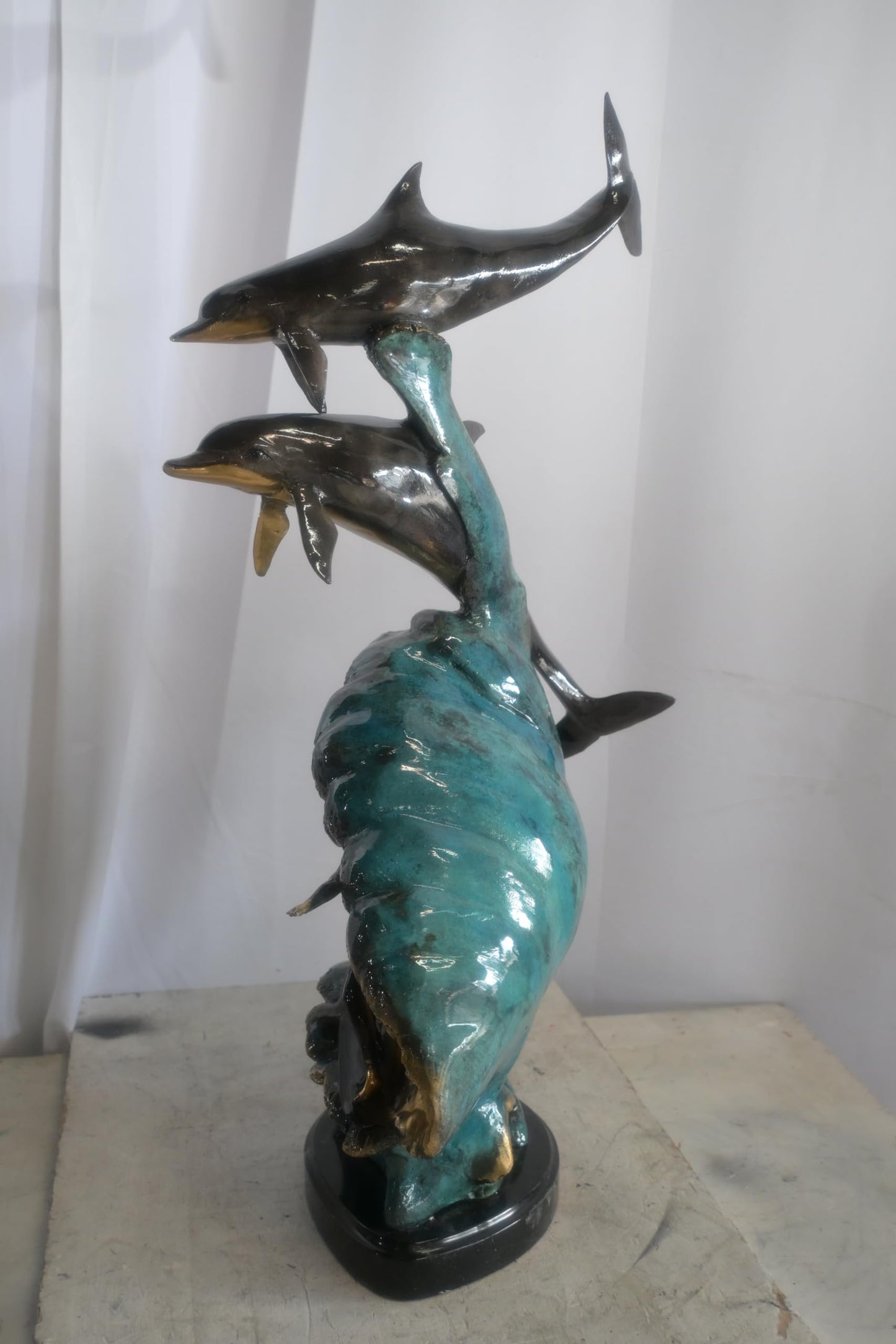 Bronze Dolphins and Surfer Sculpture on Wave Marble Base 16"x11"x33"H