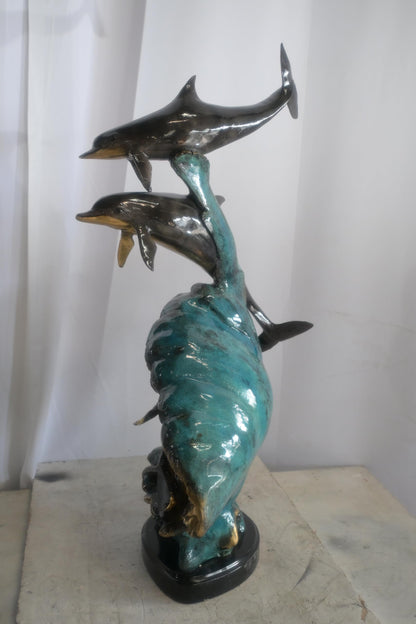 Bronze Dolphins and Surfer Sculpture on Wave Marble Base 16"x11"x33"H