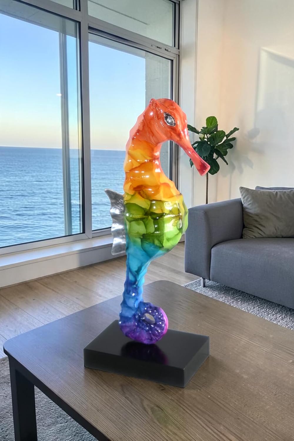 Rainbow Seahorse Figurine on Base Painted Aluminum Decor 6"x4"x15"H