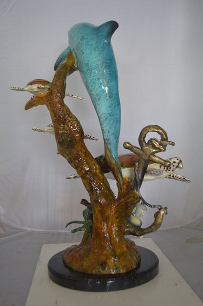 Dolphin medium with Turtles Fountain Bronze Statue -  Size: 24"L x 34"W x 36"H.