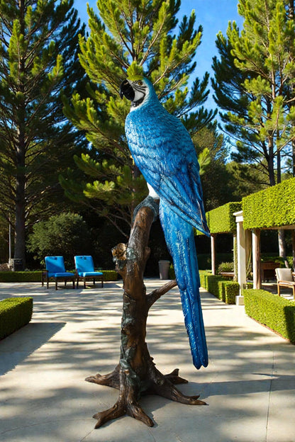 Giant Blue and White Parrot Standing on A Tree Bronze Statue 30" x 24" x 66"H