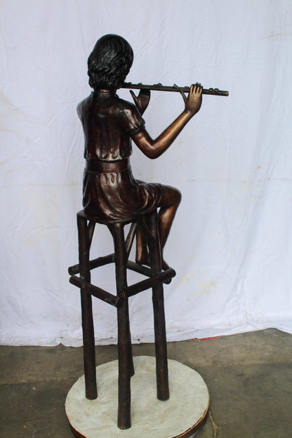 Young Girl Playing the Flute sitting on a Chair Bronze Statue 24" x 16" x 58"H