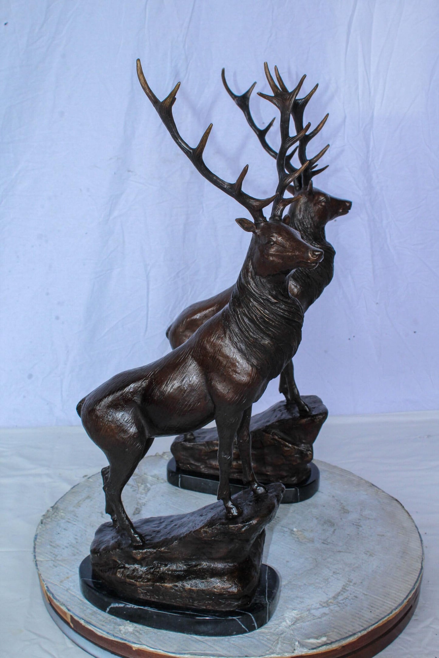 Pair of Bronze Deer Stag Statues Standing on Rock Base 14" x 10" x 28"H