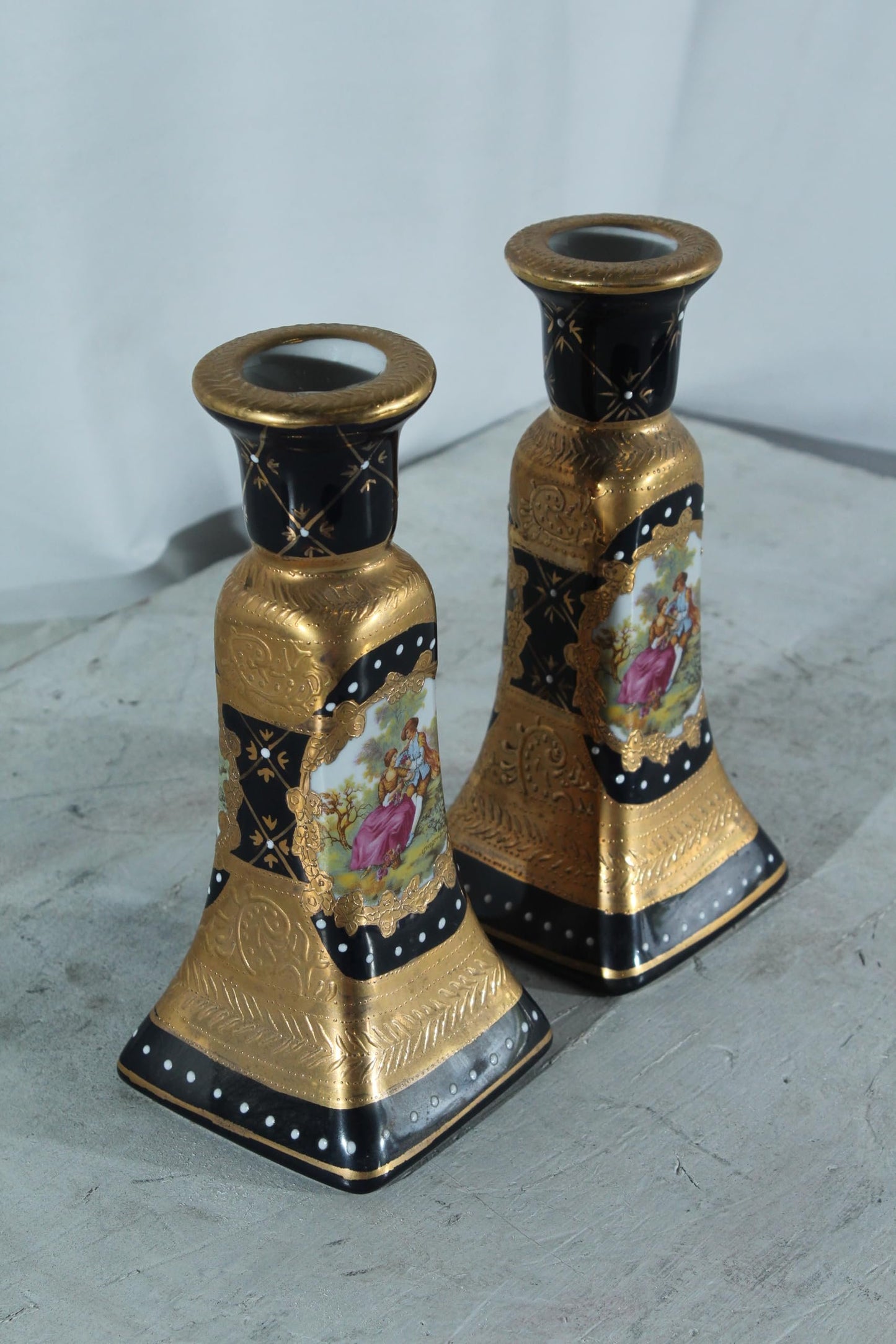 Porcelain Pair Candlestick Holders Black Gold Courting Scene 8"x4"x9"H