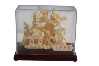 Carved Resin Chinese Pagoda Temple Garden in Case 8"x4"x7"H