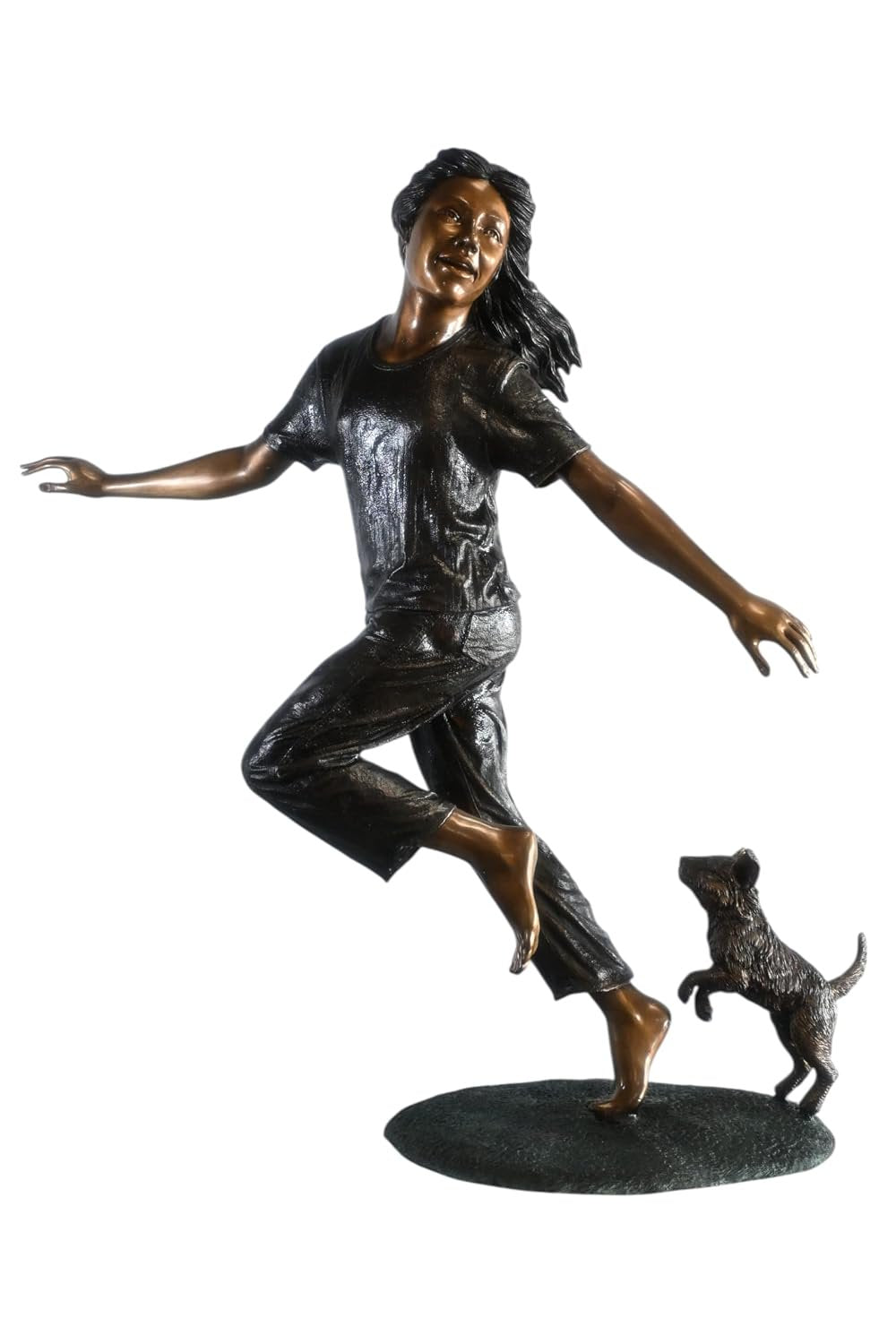 Joyful Barefoot Girl Running with Puppy Bronze Sculpture 49"x16"x51"H