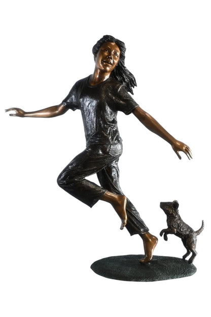 Joyful Barefoot Girl Running with Puppy Bronze Sculpture 49"x16"x51"H