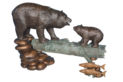 Family Bear on log giant bronze statue -  Size: 61"L x 34"W x 45"H.