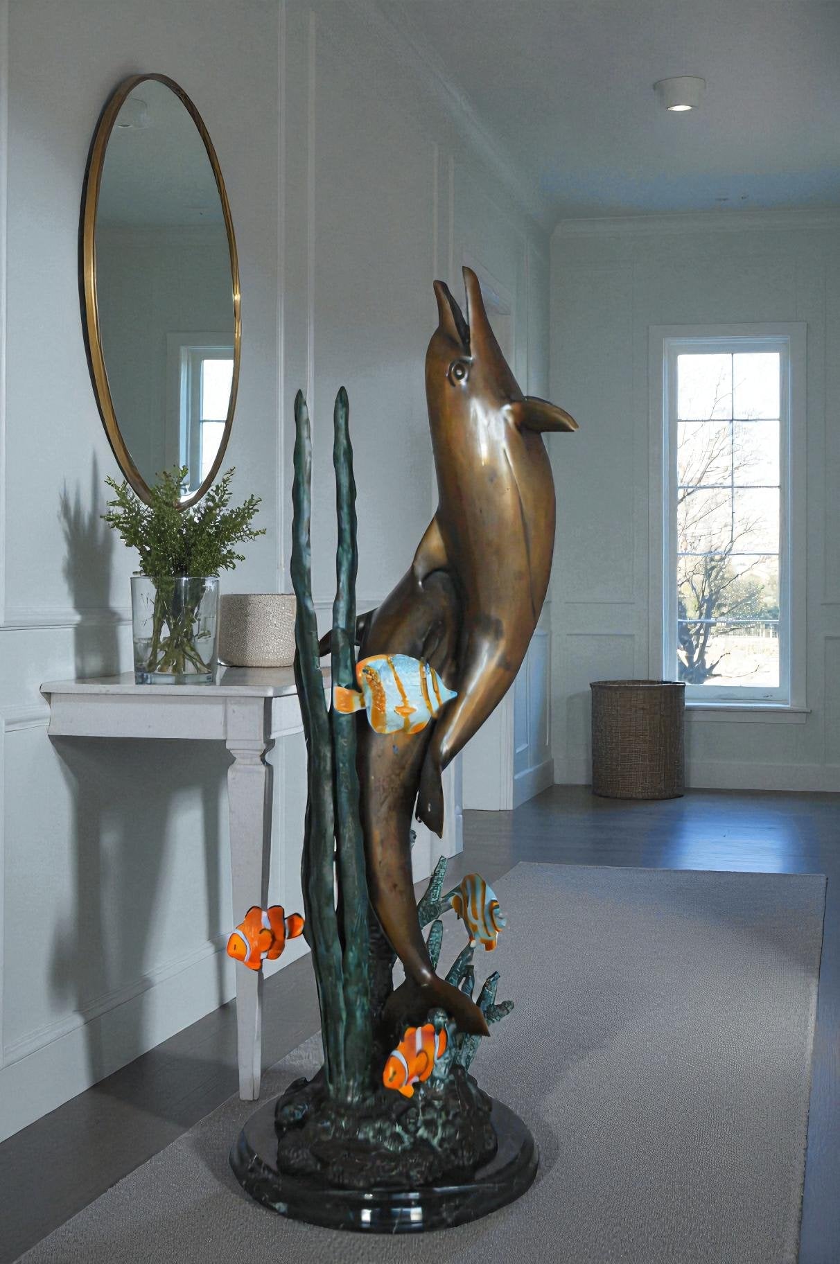 Two dolphins with fish, table top bronze statue. -  Size: 8"L x 8"W x 22"H.