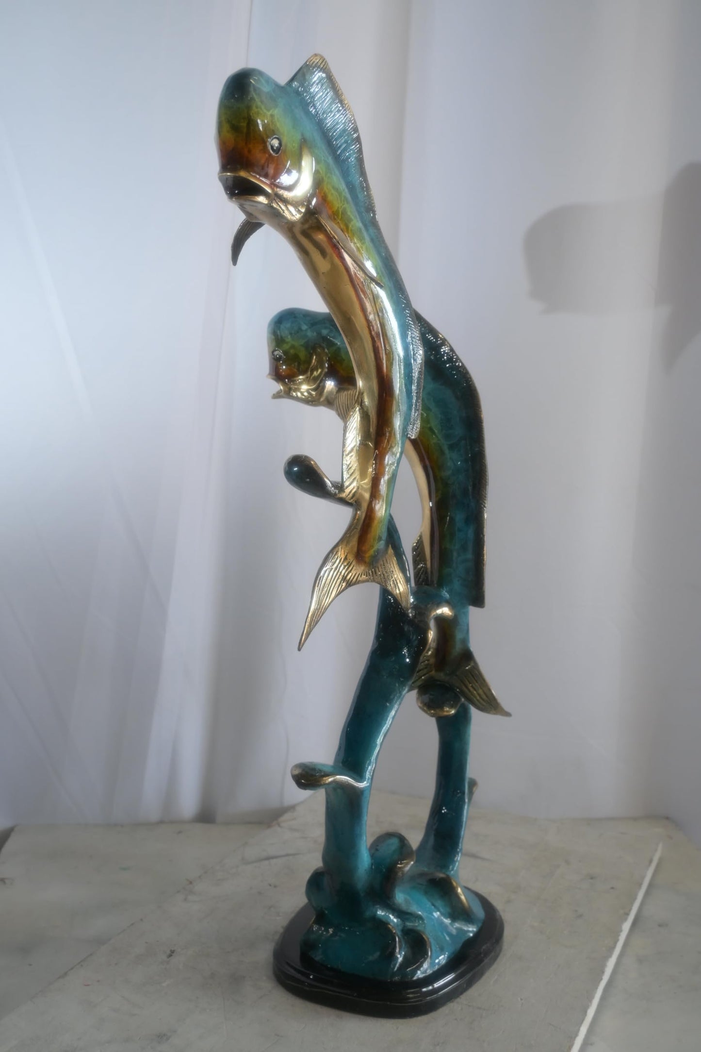 Bronze Dual Mahi Mahi Fish Sculpture on Wave Marble Base 19"x12"x35"H