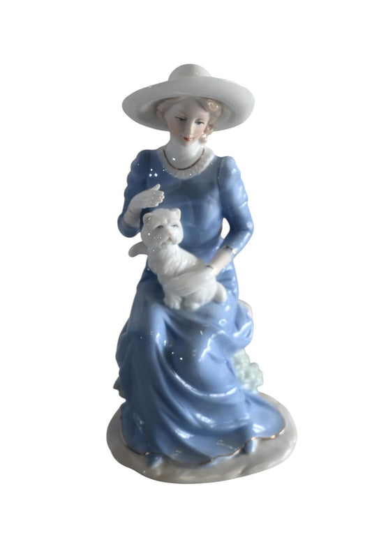 Porcelain Elegant Lady Blue Gown White Hat and White Cat 5"x4"x10"H
