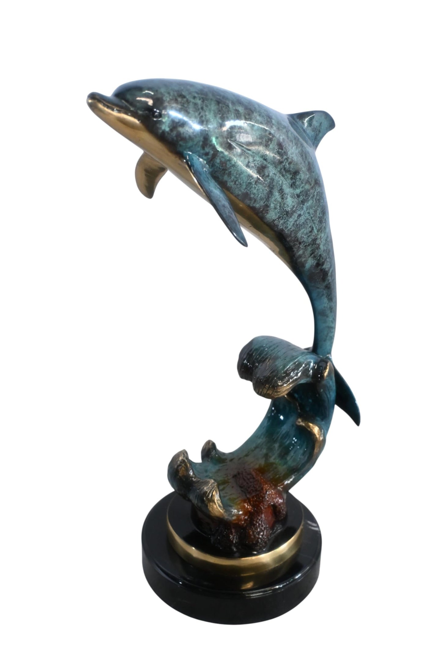 Single Dolphin Bronze Sculpture Leaping Wave Base 13"x8"x21"H