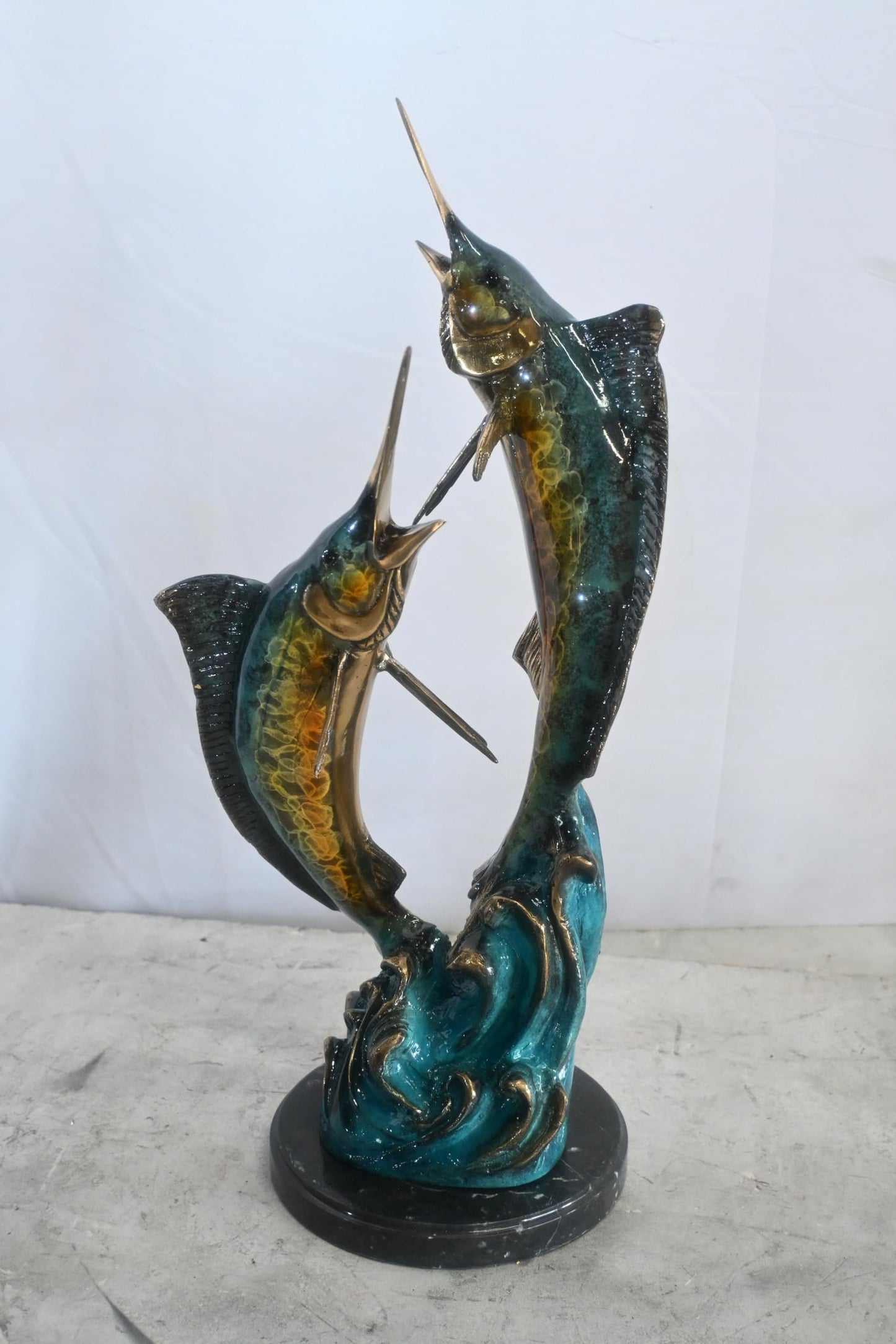 Two Marlin Bronze Sculpture Ocean Wave Game Fish 9"x9"x23"H