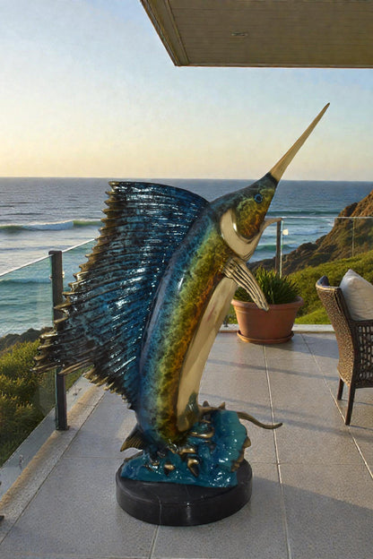Gold And Blue Sailfish Swimming In Ocean Bronze Statue Size: 18" x 16" x 26"H